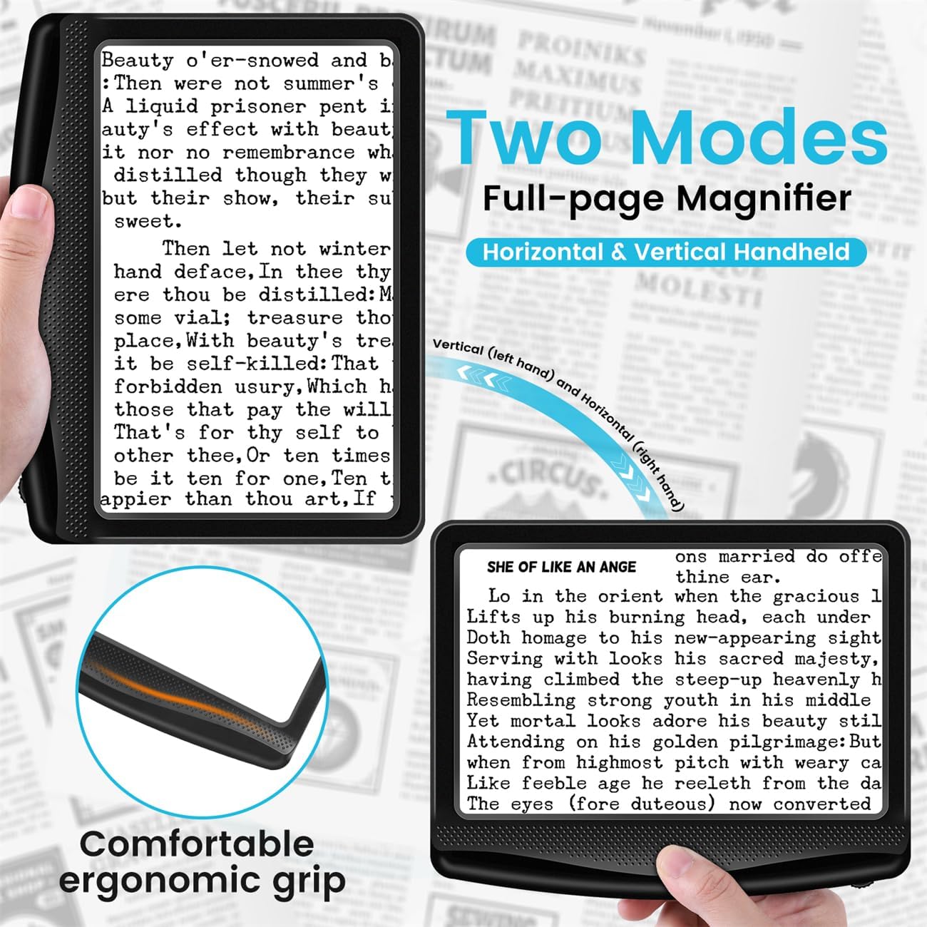 Rechargeable 5X Magnifying Glass for Reading, Large Bright Full Page Magnifier with Light, Handheld LED Dimmable