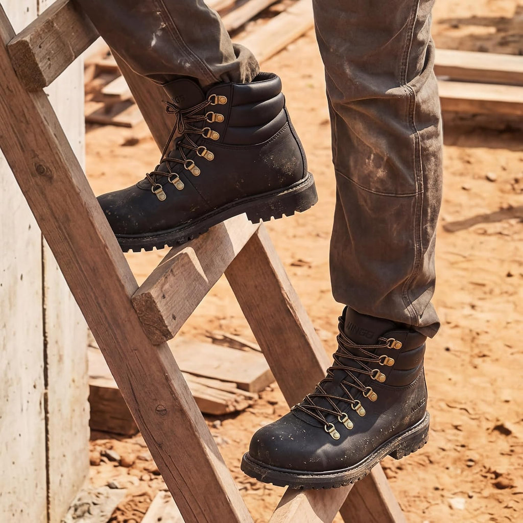 Steel Toe Work Boots for Men, Water Resistant Durable Crazy Horse Leather Construction Boots, Goodyear Welt Non Slip