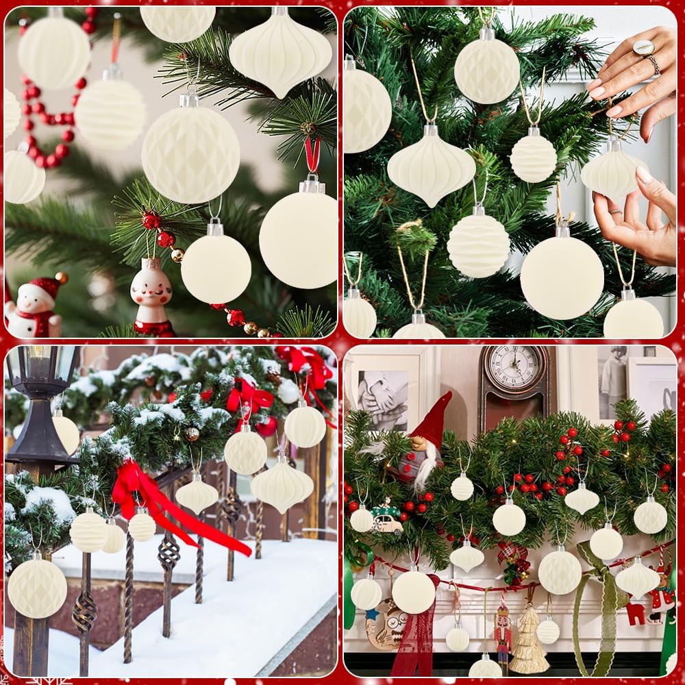 28PCS Velvet Christmas Balls Ornaments, Flocked Shatterproof | Beige Cream Xmas Tree Hanging Decoration Plastic Ball