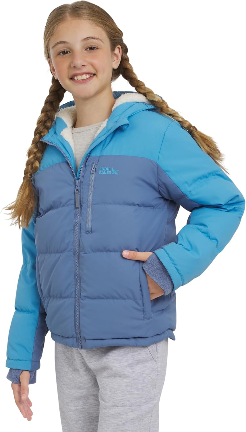 Eddie Bauer Girls' Classic Heavyweight Faux Fur Lined Hooded Insulated Down Jacket