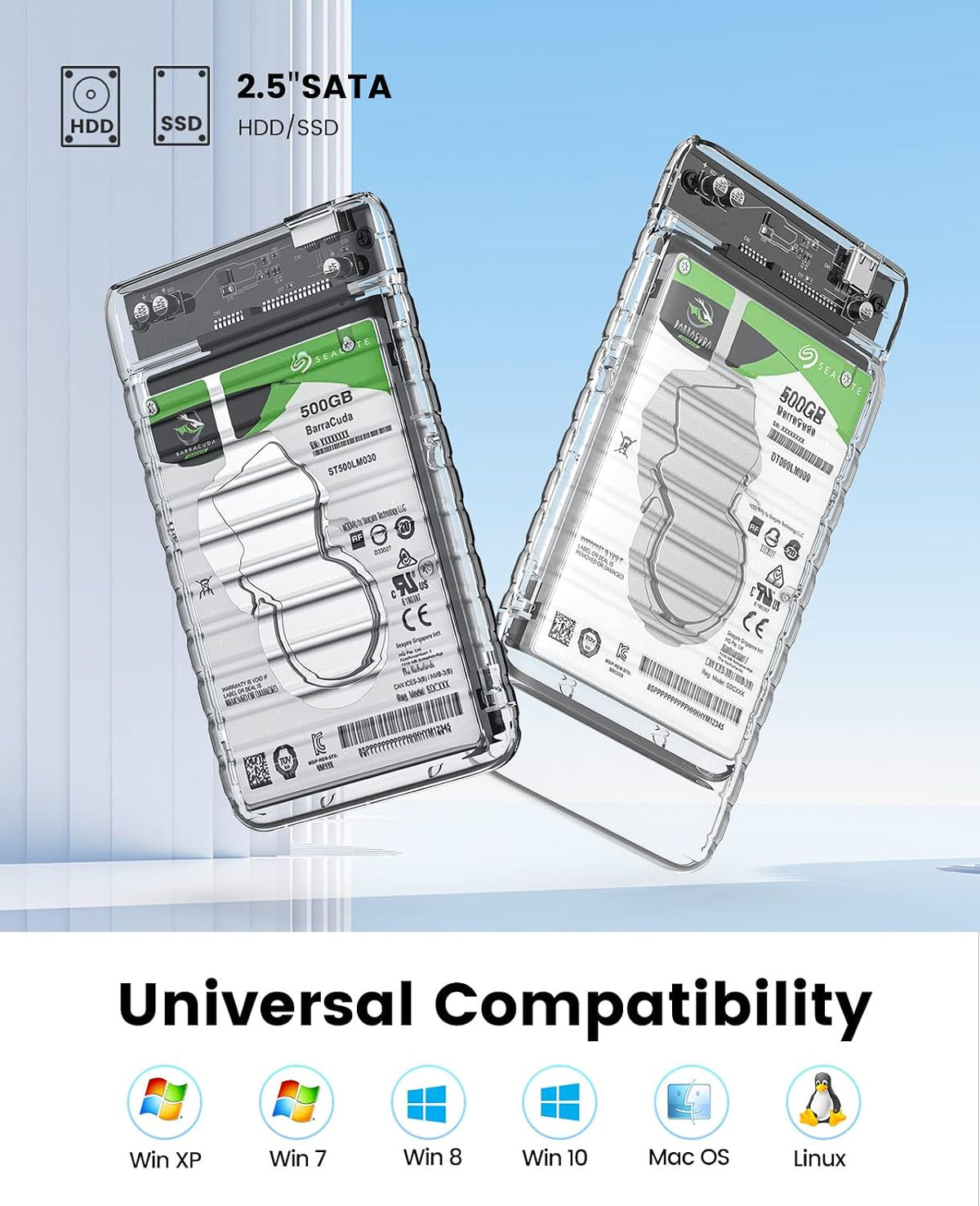 2.5 inch Hard Drive Enclosure USB C to SATA III 5Gbps Clear External Hard Drive Case for All 7mm 9.5mm 2.5 inch SATA
