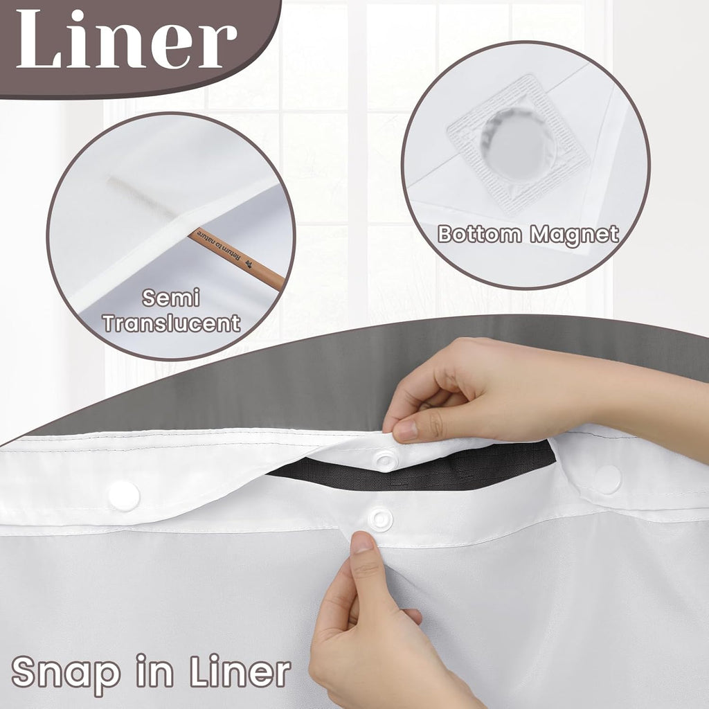 No Hook Slub Textured Shower Curtain with Snap in Liner - Black Fabric Outer Curtain & Waterproof Inner Liner, Hotel