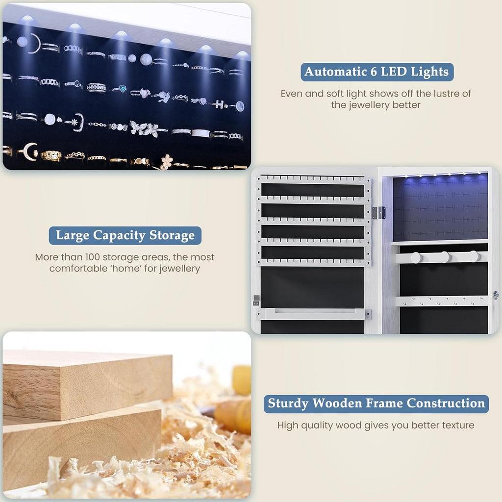 6 LEDs Mirror Jewelry Cabinet, Wall or Door Mounted Jewelry Organizer, 47.2-Inch Tall Lockable Large Capacity