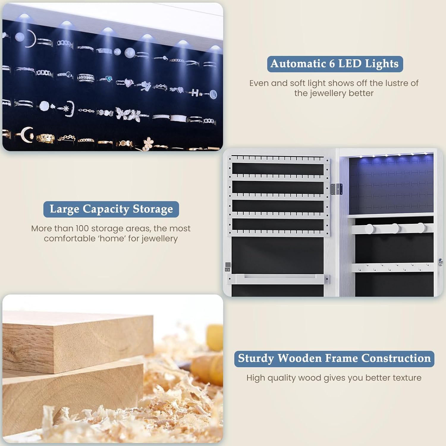 6 LEDs Mirror Jewelry Cabinet, Wall or Door Mounted Jewelry Organizer, 47.2-Inch Tall Lockable Large Capacity