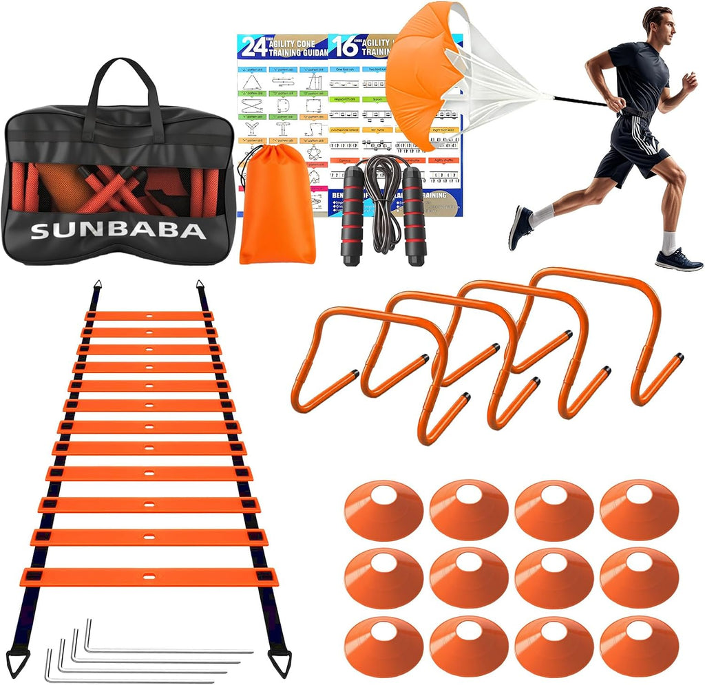 Agility Ladder Speed Training Equipment Set with 20ft Agility Ladder,4 Hurdles,12 Cones,Jump Rope,Running