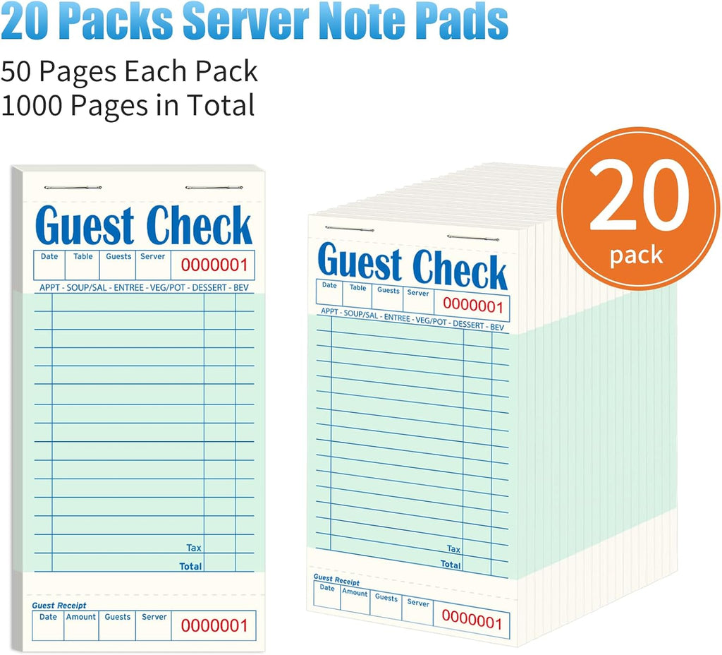 20 Pack/1000 Tickets Guest Checks Books for Servers, Green