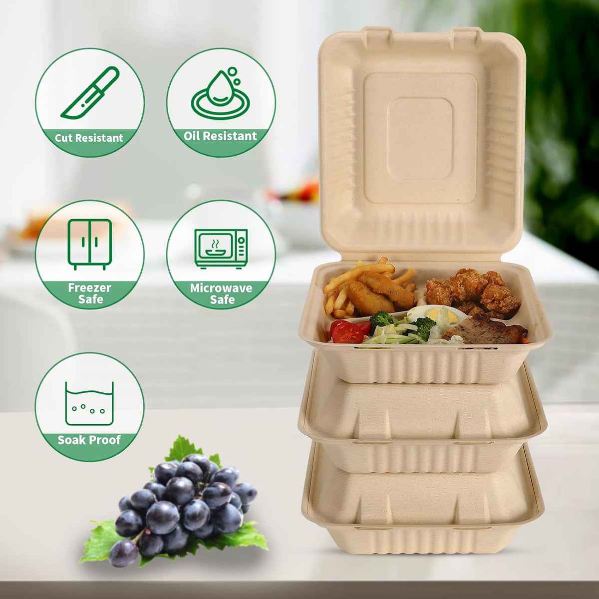 Disposable 100 Pack 3 Compartment 8x9 Inch Take Out Food Containers