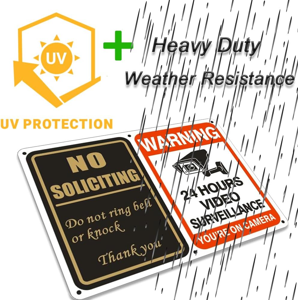 No Soliciting Sign & 24 Hours Surveillance Sign 2 in 1 Aluminum UV Ink Printed Yard Sign for House, Yard, Front Door