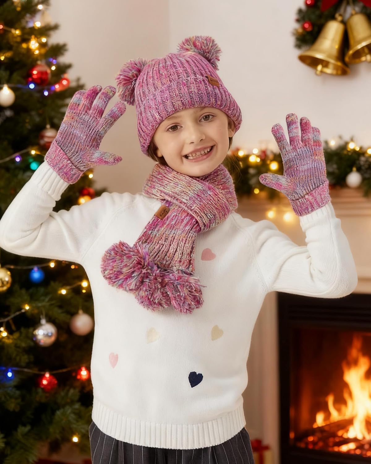 Kids Winter Hat Gloves Scarf Set, Knit Neck Warmer for Boys Girls Beanie & Mittens with 2 Sizes (2-8 & 9-15 Years)