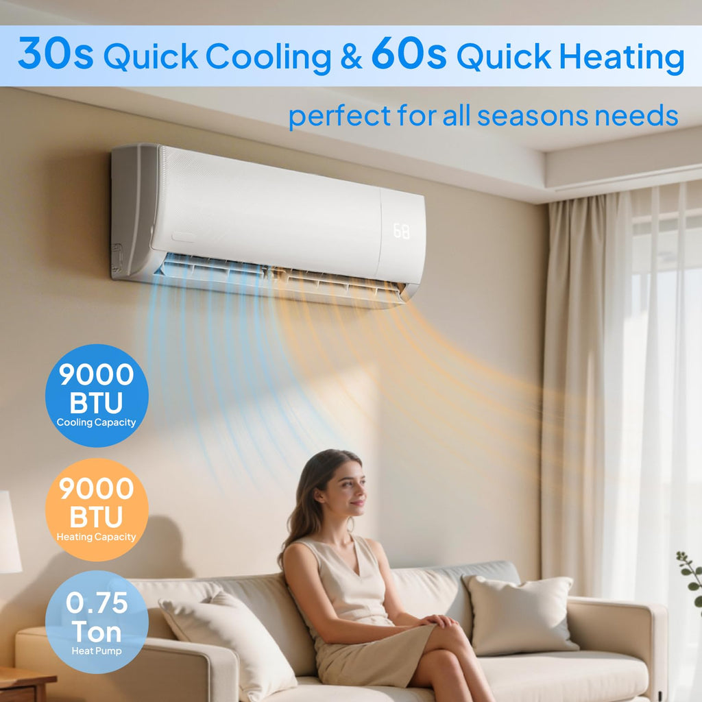 9000 BTU Mini Split AC/Heating System, 19SEER2 Inverter Ductless Wall AC Unit, Energy Efficient Air Conditioner with