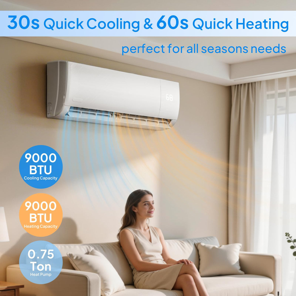 9000 BTU Mini Split AC/Heating System, 19SEER2 Inverter Ductless Wall AC Unit, Energy Efficient Air Conditioner with