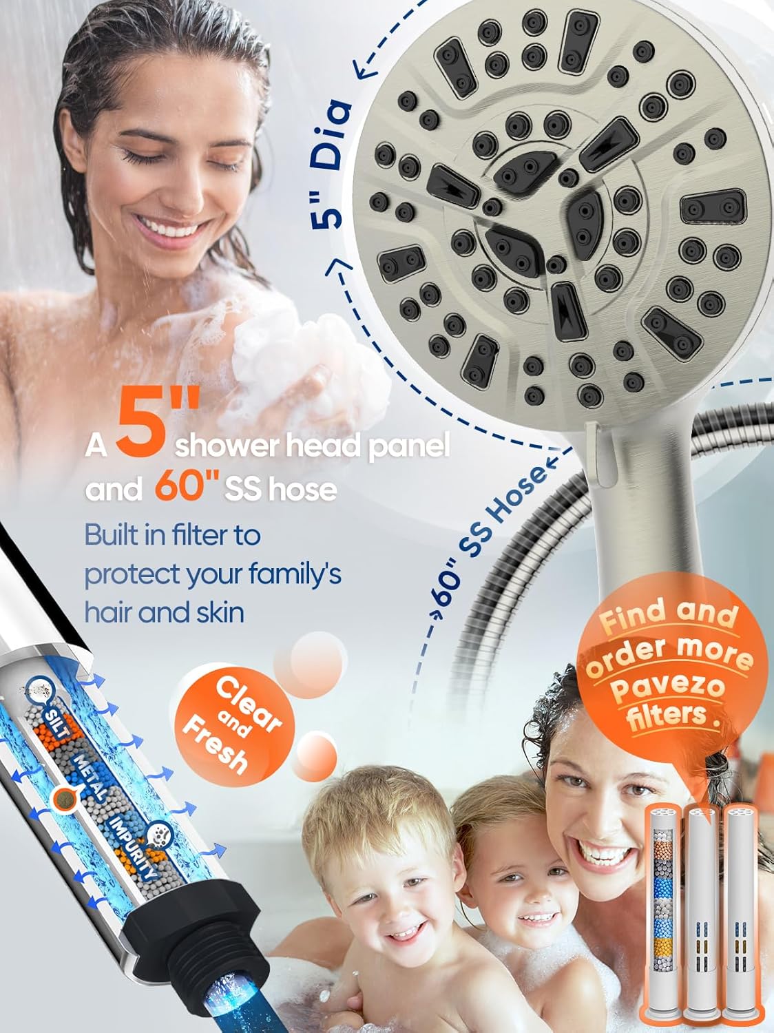 High Pressure Handheld Shower Head with Filter, 10 Spray Modes, Classic Nickel