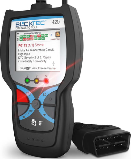 420 Bluetooth OBD2 Scanner Diagnostic Tool - Vehicle Code Reader for Car - Clears Check Engine Light - Comes with