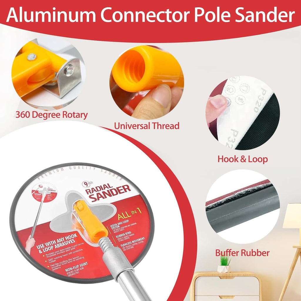 Drywall Sander Pole, 9 Inch Wall & Ceiling Pole Sander with 360° Rotating Head & 12.5-65 Inch Adjustable Extension