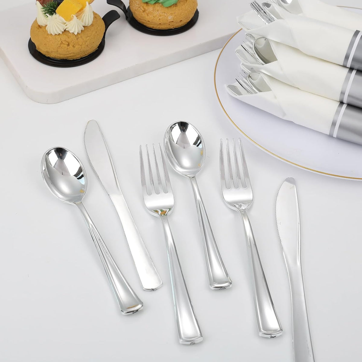 120 Pack Silver Plastic Silverware Wrapped Cutlery Set with Napkin