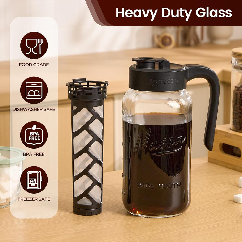 Cold Brew Coffee Maker Glass, 64 oz Mason Jar Pitcher | Airtight, Leakproof, Fridge Safe, Dishwasher Safety