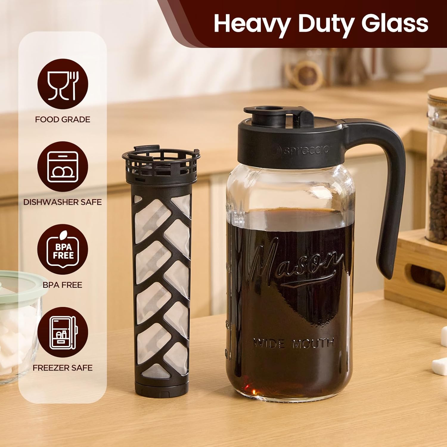 Cold Brew Coffee Maker Glass, 64 oz Mason Jar Pitcher | Airtight, Leakproof, Fridge Safe, Dishwasher Safety