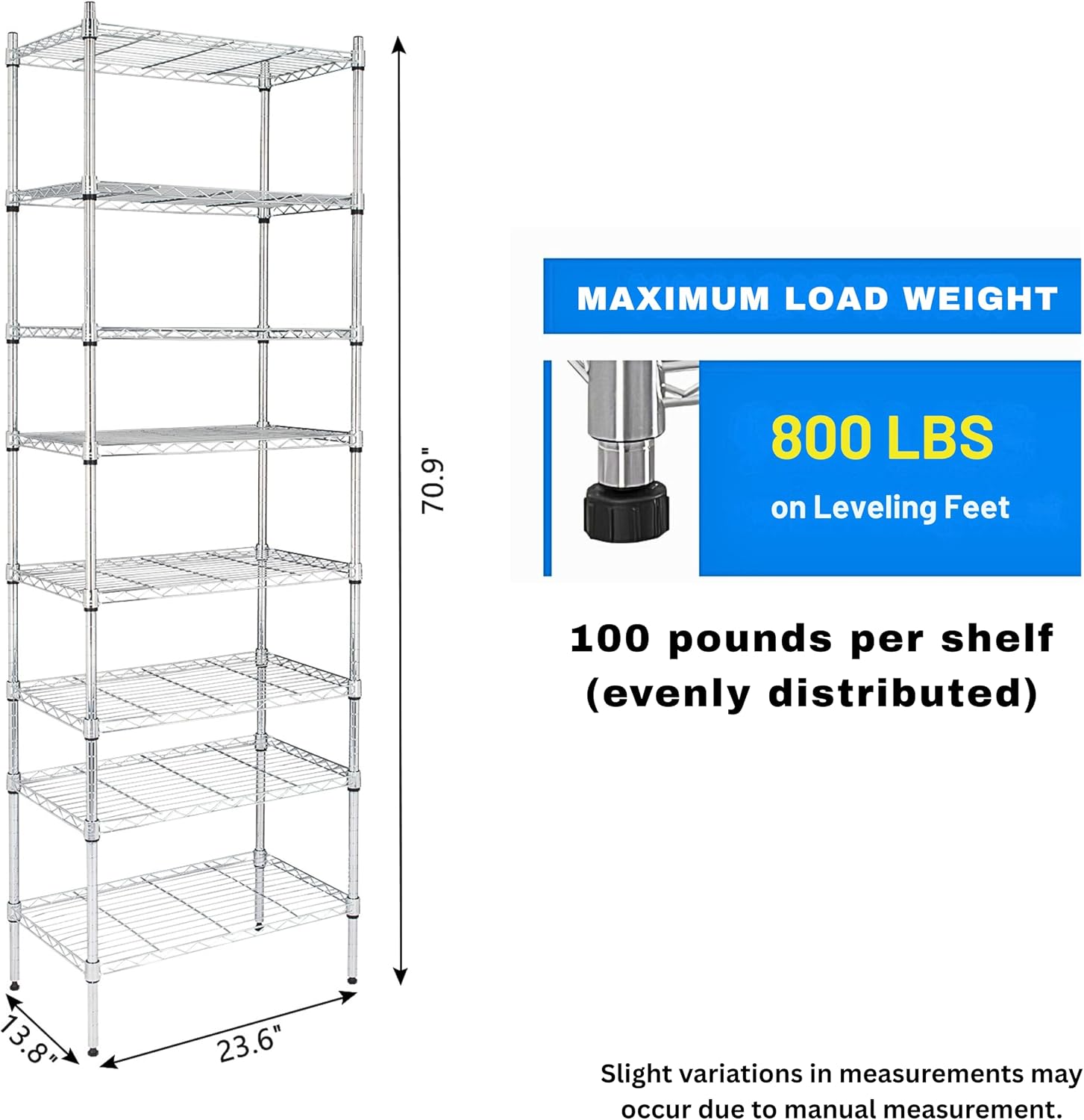 8 Tier Heavy Duty Shelves N.S.F. Certified - 800lb Capacity Commercial Storage Rack, Steel Wire Shelving Unit for