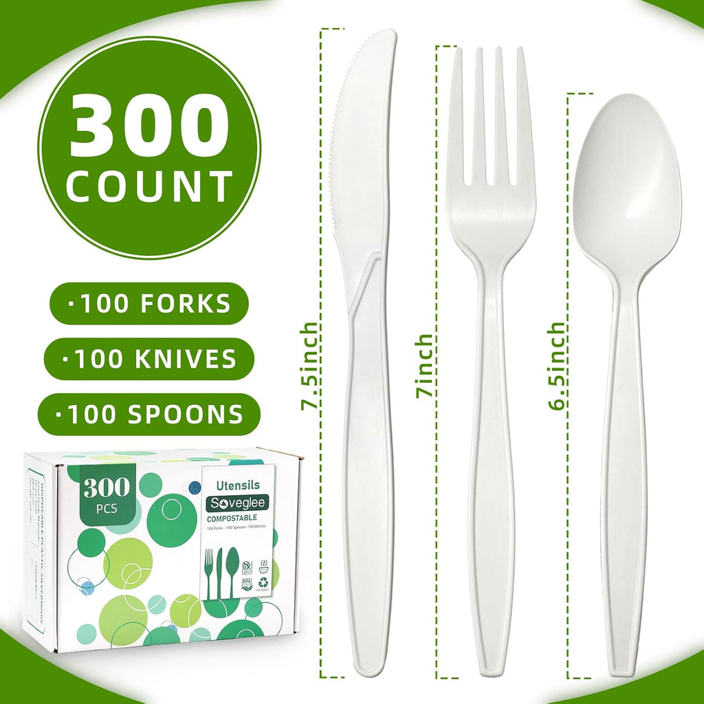 300 Count Compostable Utensils, No Plastic Cutlery Disposable 100 Forks 100 Spoons 100 Knives, White Compostable