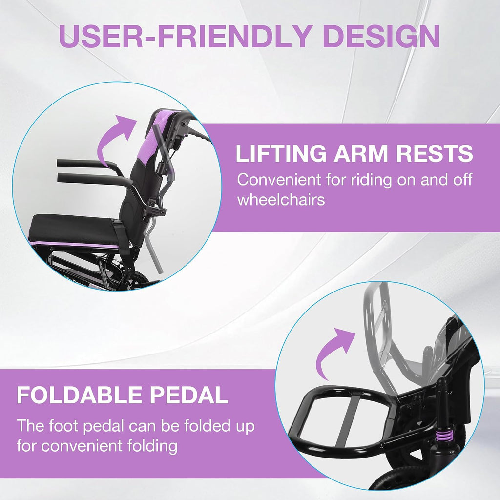 Wheelchairs for Adults –Transport Wheelchair Lightweight Foldable with Telescopic Handle, 18-Inch Seat Width