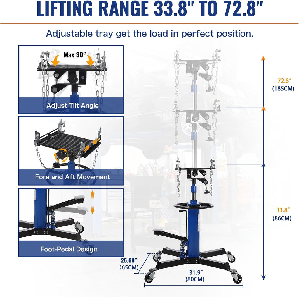 Hydraulic Transmission Jack - 1100 Lbs Capacity, 2-Stage Telescopic Lift 33.8"-72.8", 360° Swivel Wheels, Foot Pedal