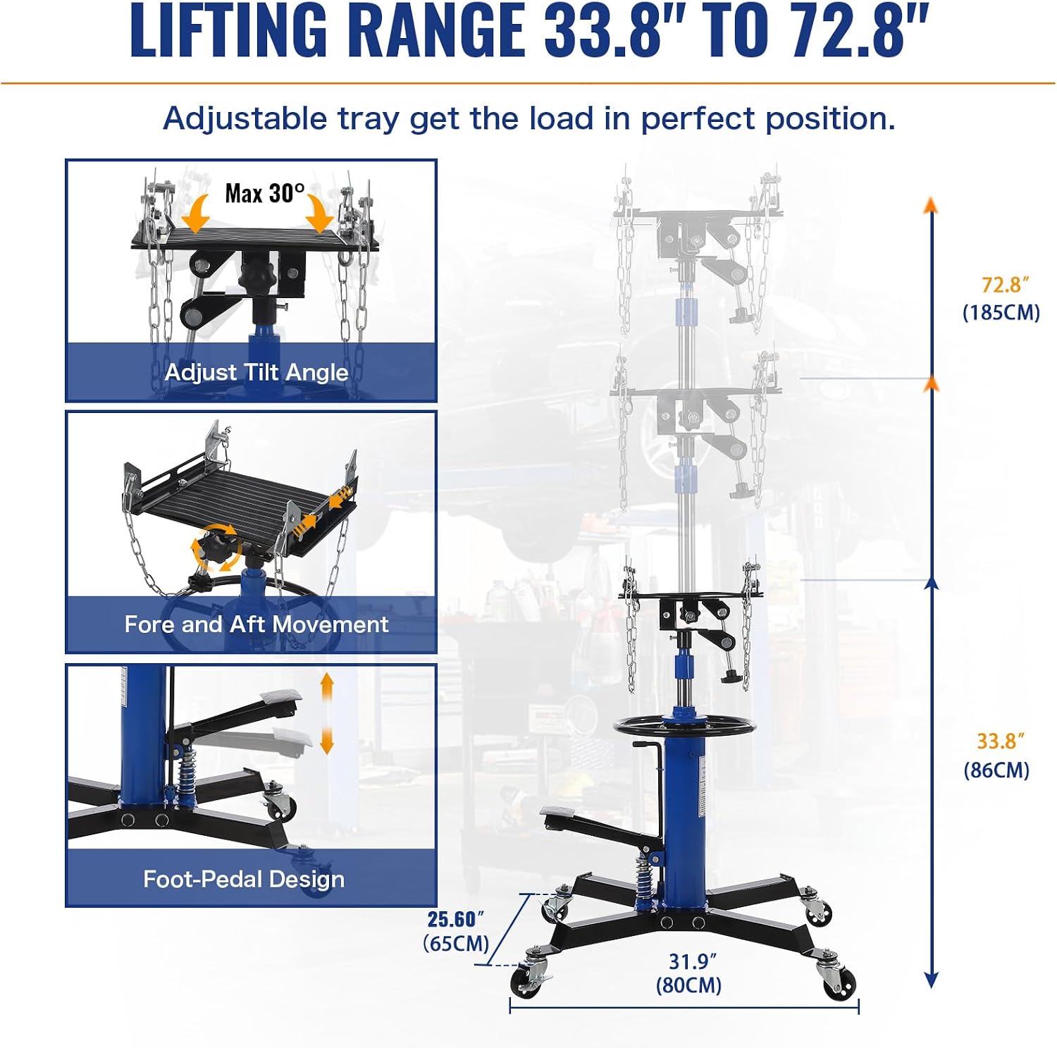 Hydraulic Transmission Jack - 1100 Lbs Capacity, 2-Stage Telescopic Lift 33.8"-72.8", 360° Swivel Wheels, Foot Pedal