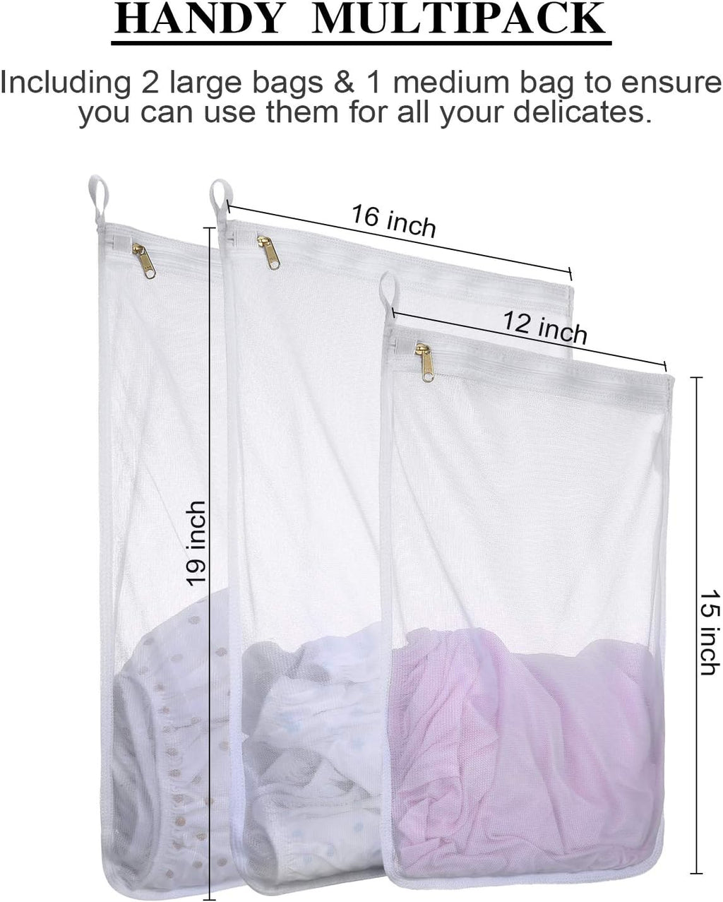 Fine Mesh Laundry Bags for Delicates, 3 Pack (2L+1M) Reusable Wash Bags with Sturdy Zippers, Durable Net Washing Bags
