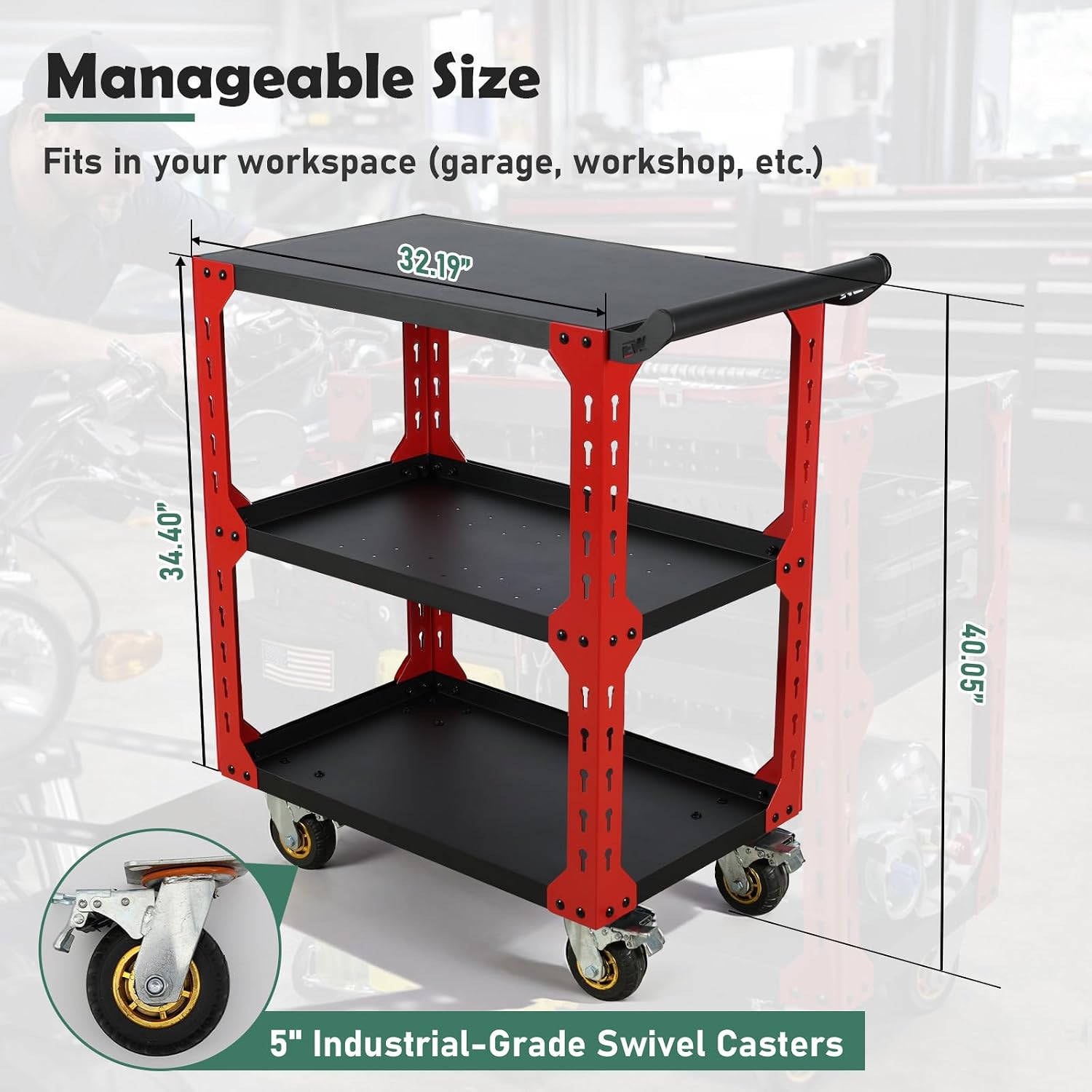 3-Tier Rolling Tool Cart on Wheels, Utility Tool Storage Cart | Heavy Duty 1250 lbs, With Pegboard
