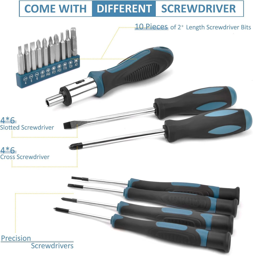 Home Tool Kit 148-Pcs - Household Basic portable Hand Repair Tool Set with Case & Ratcheting Screwdriver & Hex Key &