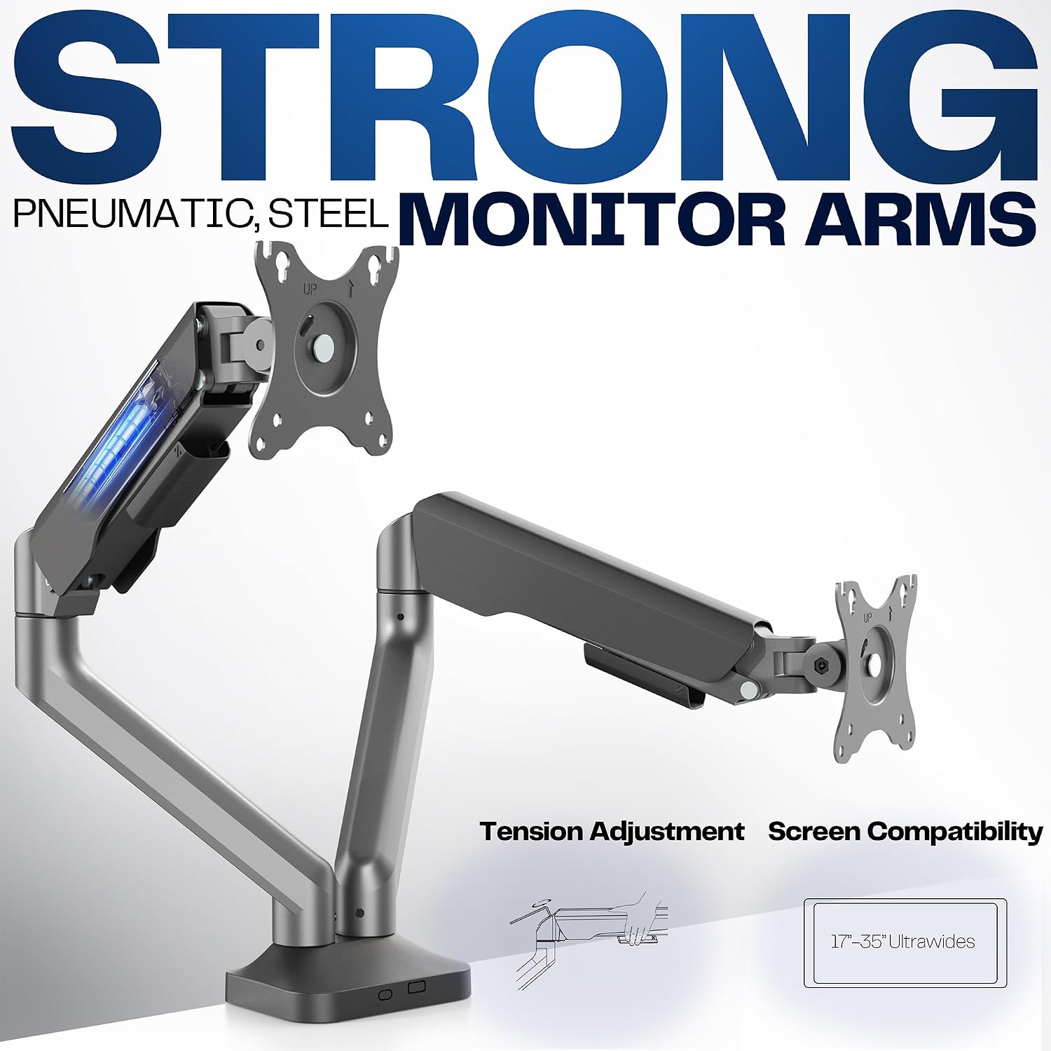 Dual Pneumatic Arm Ultra-Wide Monitor Mount for up to 35 inch Screens, Holds 26.4 lbs per Arm, Desk Mount Monitor