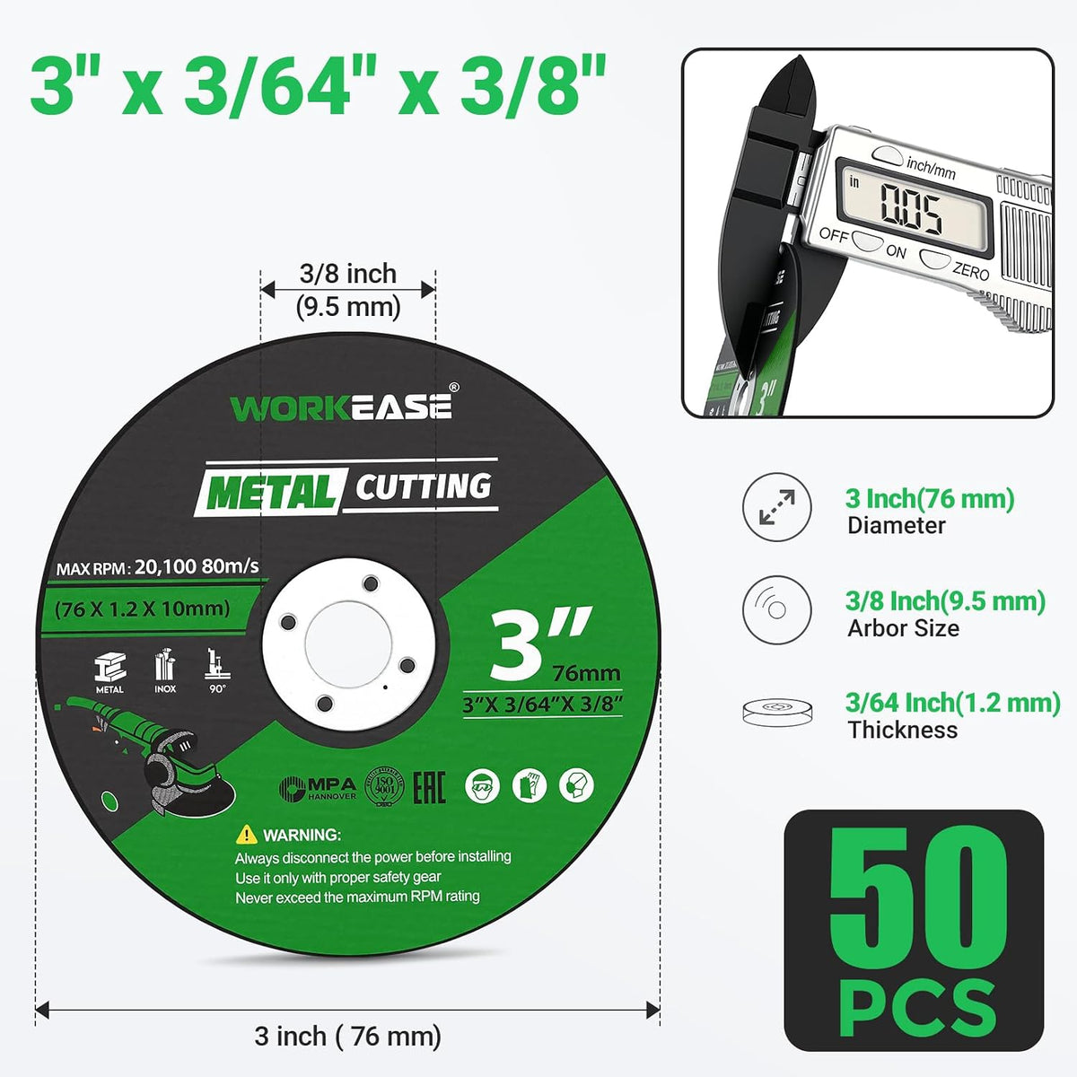 50 Pack 3 Inch Metal Cut Off Wheel Discs with 1/4" Mandrel