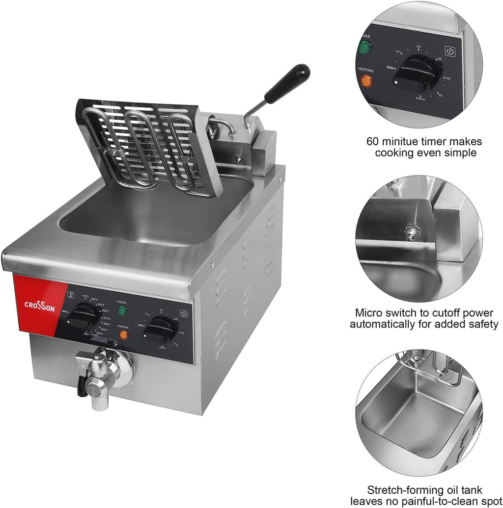 6L Electric Countertop Deep Fryer Extra Large with Drain,Timer,Basket and Lid for Restaurant Use 120V,1800W