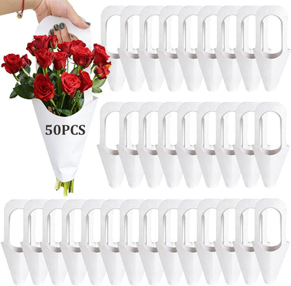 50Pcs White Kraft Paper Flower Gift Bags with Handle, Thick White Flower Bag for Bouquets, Kraft Paper Flowers