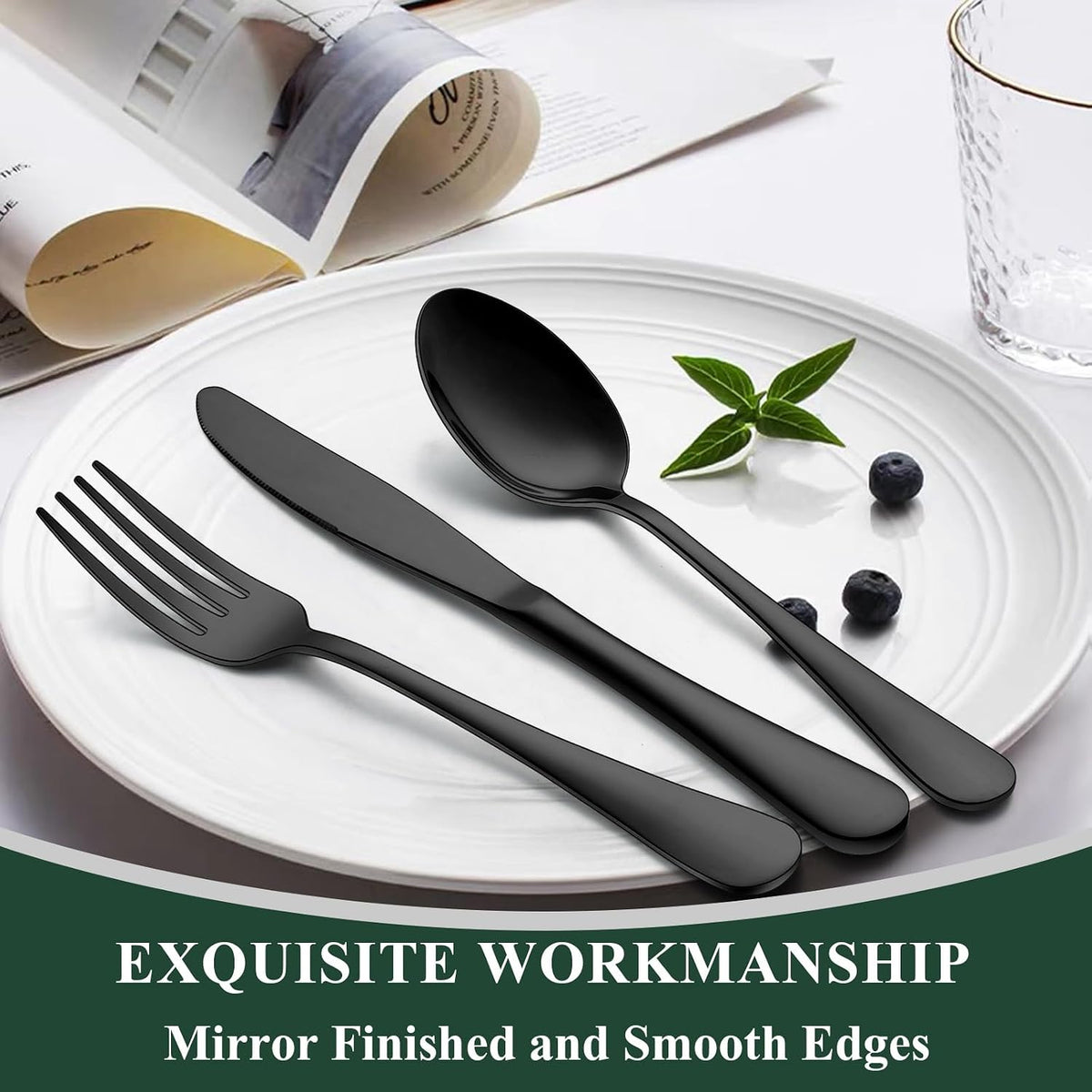 60-Piece Black Silverware Set, Stainless Steel Flatware Cutlery Set Service for 12, Tableware Eating Utensils Include
