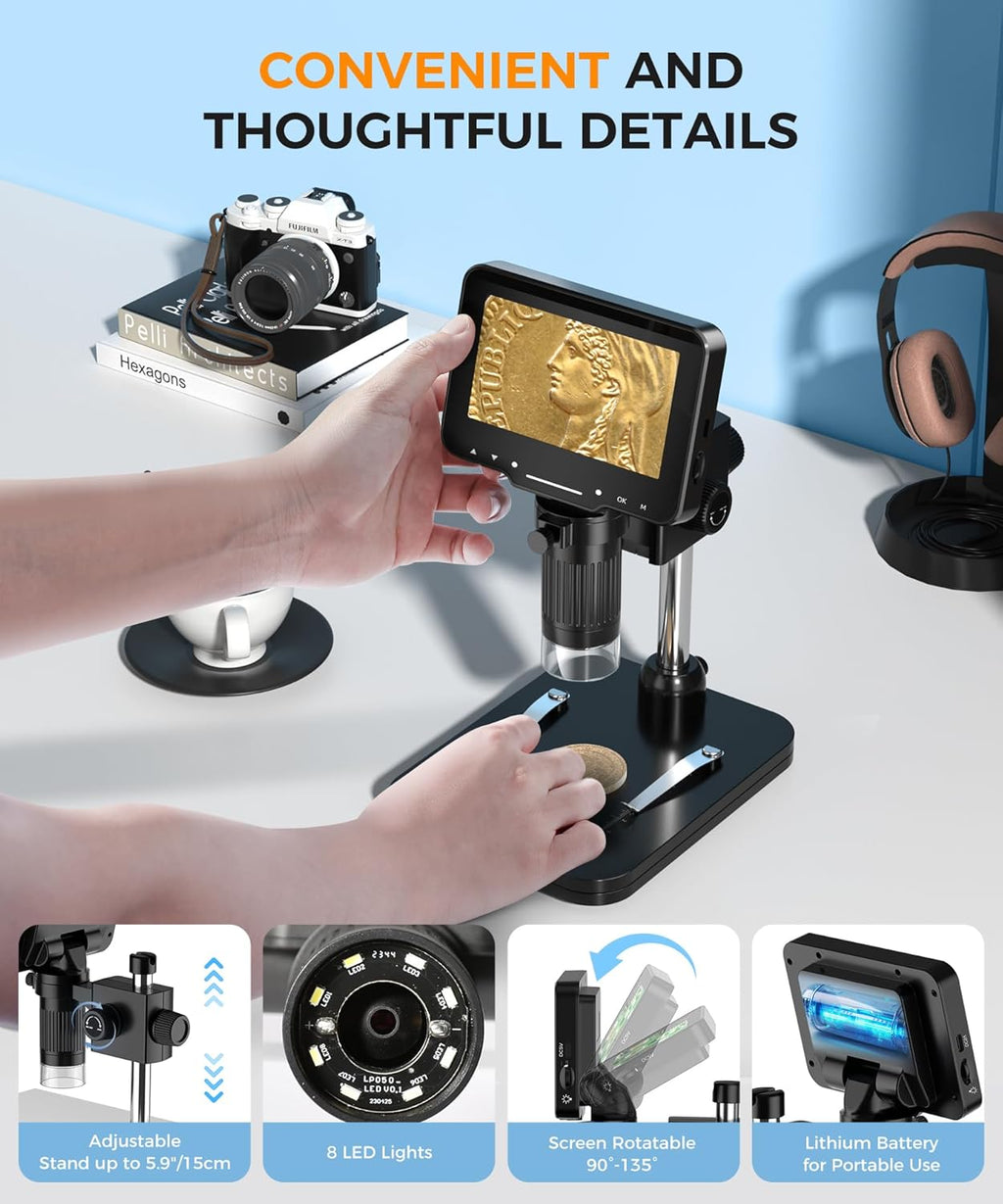 Digital Microscope for Coins with Light HD Screen | 4.3 Inch 1080P HD Screen, 10MP Camera, 1-1000X Zoom. Wireless USB