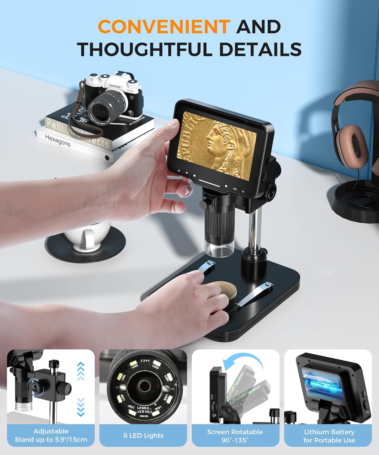 Digital Microscope for Coins with Light HD Screen | 4.3 Inch 1080P HD Screen, 10MP Camera, 1-1000X Zoom. Wireless USB