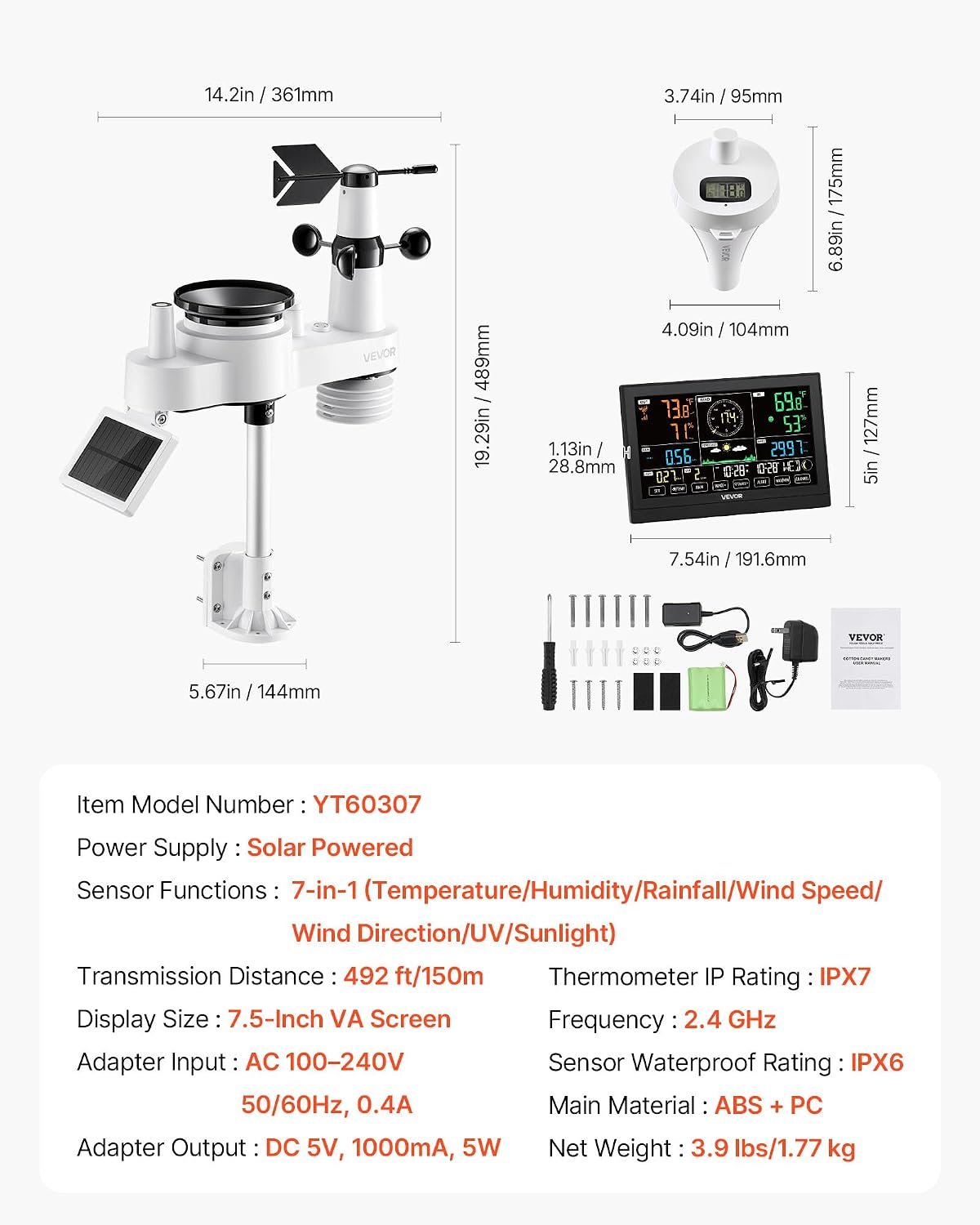 7-in-1 Wi-Fi Weather Station with APP, 7.5 in Display, Wireless Solar Powered Outdoor Sensor, with Pool Thermometer