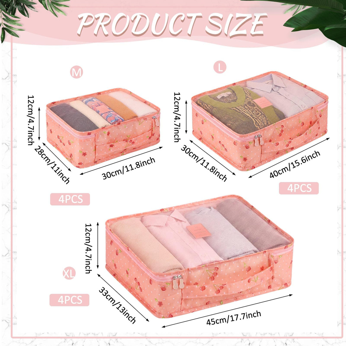 12 Pcs Packing Cubes for Travel,XL, L, M,Cherry,Pink