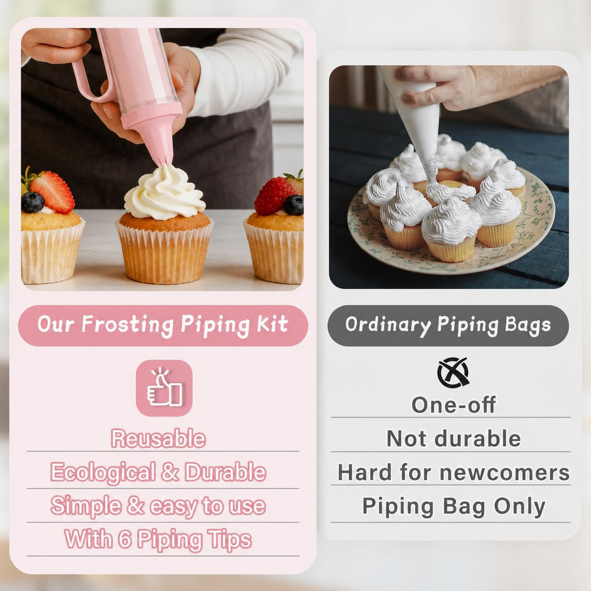 Plastic Cream Squeeze and Icing Set with 6 Piping Tips for Cupcakes(Pink)