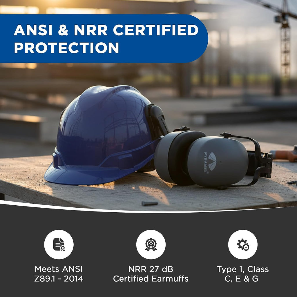 Ridgeline Cap Style Hard Hat Safety Helmet with Hard Hat Suspension and Earmuff Attachment Included for Head and