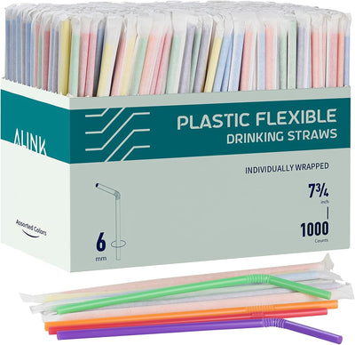 1000 Count Colorful Flexible Plastic Drinking Straws, Individually Wrapped, Disposable Bendy Straws - 7.75 in x 0.23 in