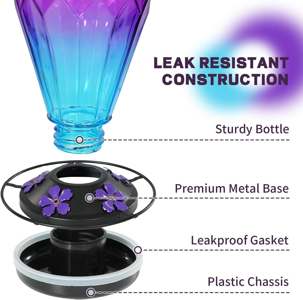 Glass Hummingbird Feeder for Outdoors Hanging, 25Oz Humming Bird Nectar Feeder, Perch, 5 Flower Feeding Ports, Leak