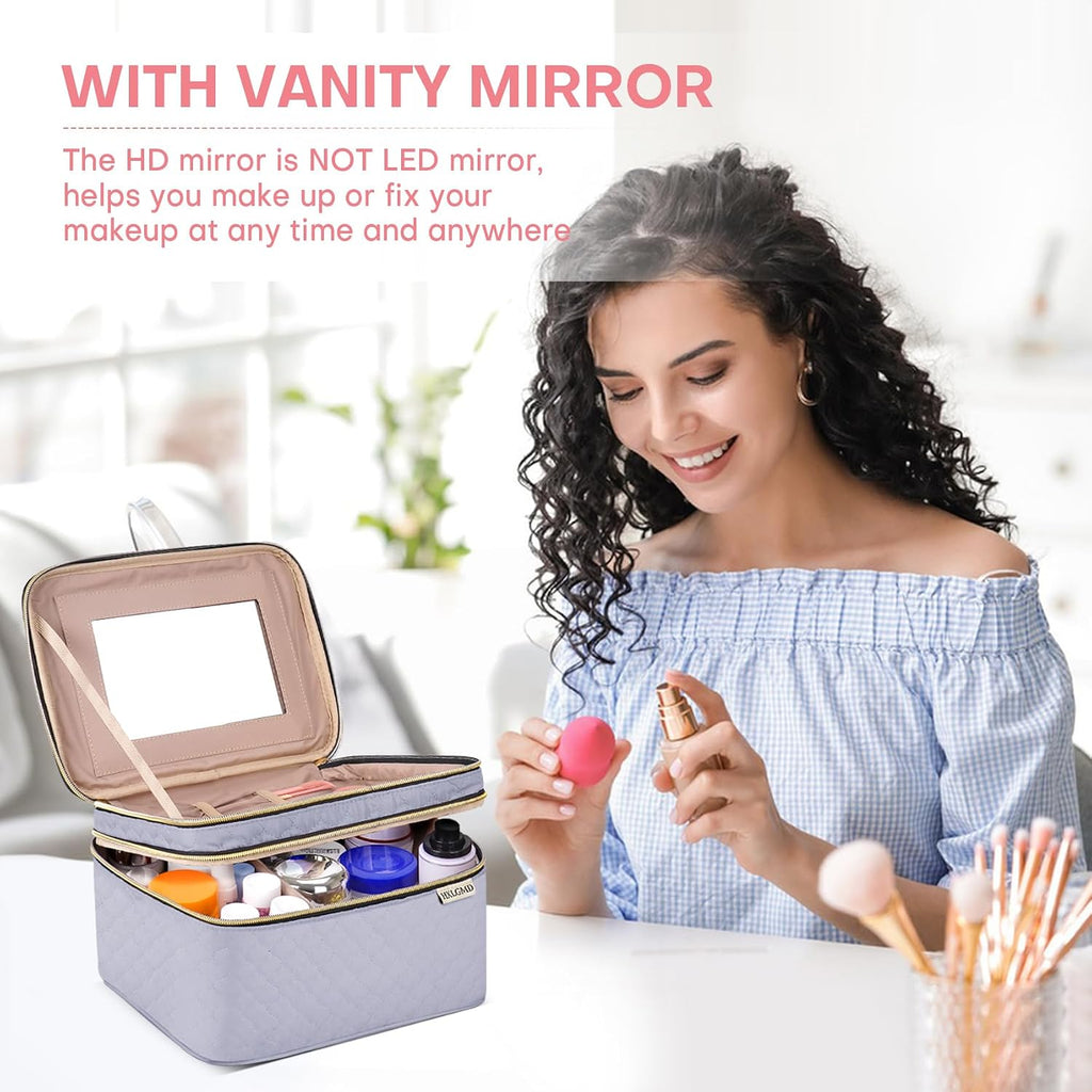 Large Makeup Bag with Mirror Double Layer Travel Make Up Organizer Case, Large Capacity Coemetic with Brush Slot
