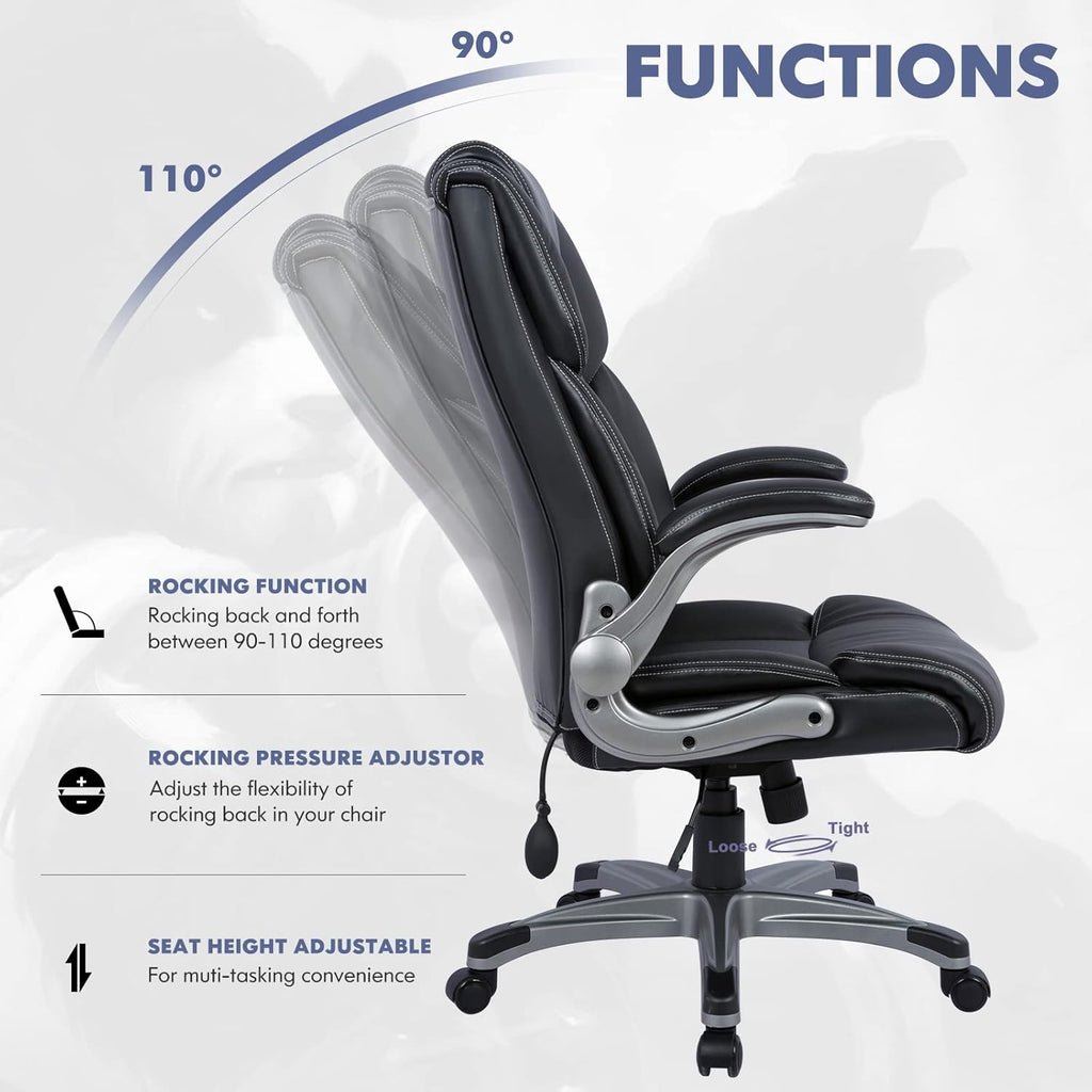 High Back Executive Office Chair - Padded Leather Ergonomic Computer Desk Chair with Inflatable Lumbar Support &