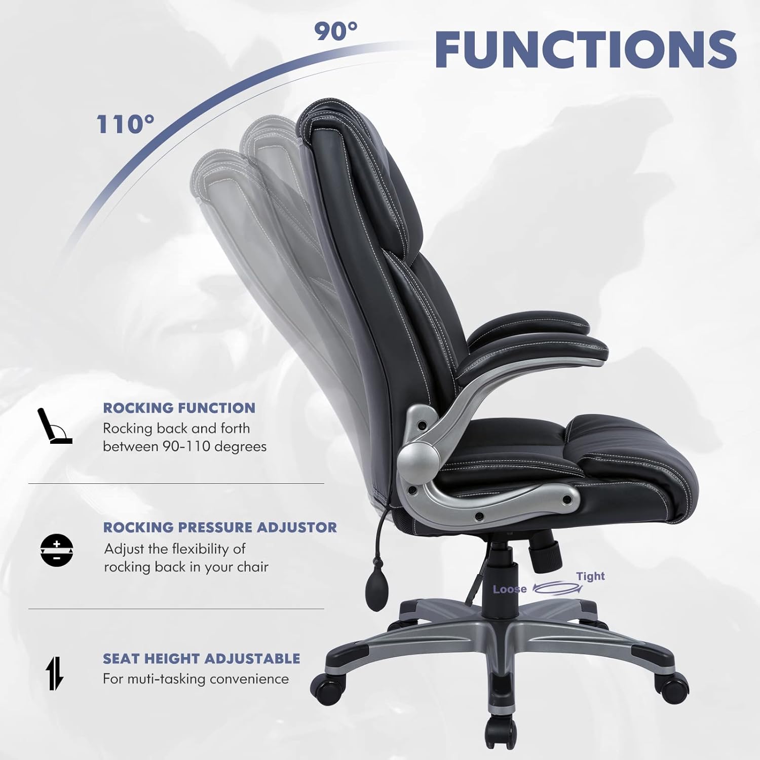 High Back Executive Office Chair - Padded Leather Ergonomic Computer Desk Chair with Inflatable Lumbar Support &