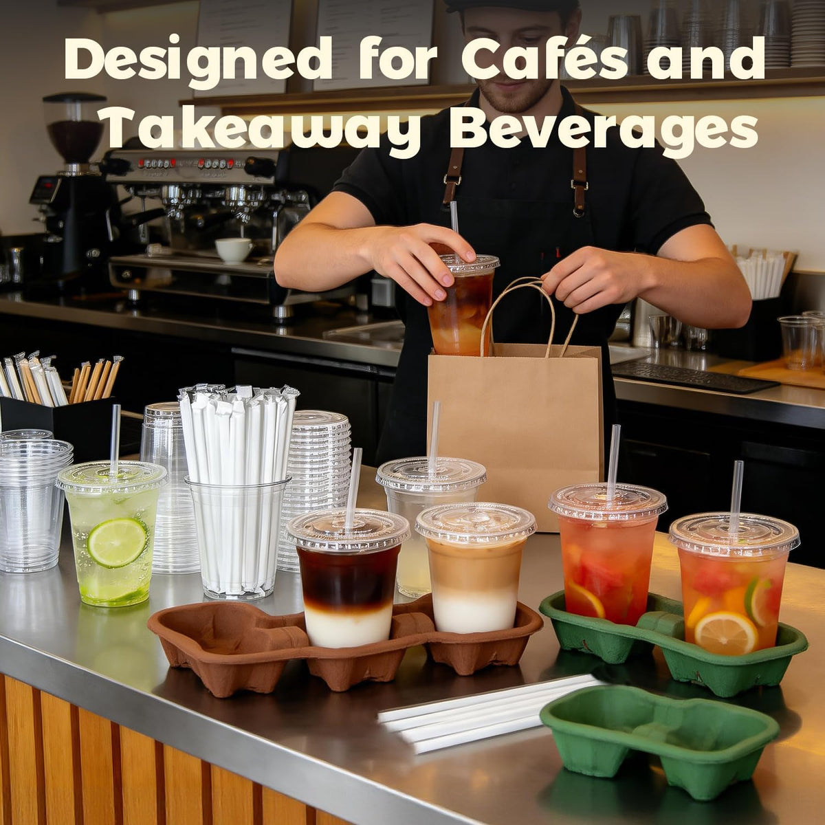 100 Sets 16 oz Plastic Cups with Lids and Straws