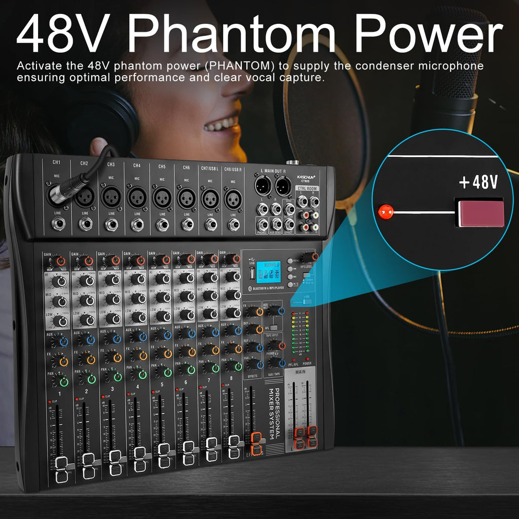 8-Channel Audio Mixer, Recording Sound Board with Bluetooth | DJ Mixer Board with 48V Phantom, USB & XLR Interface