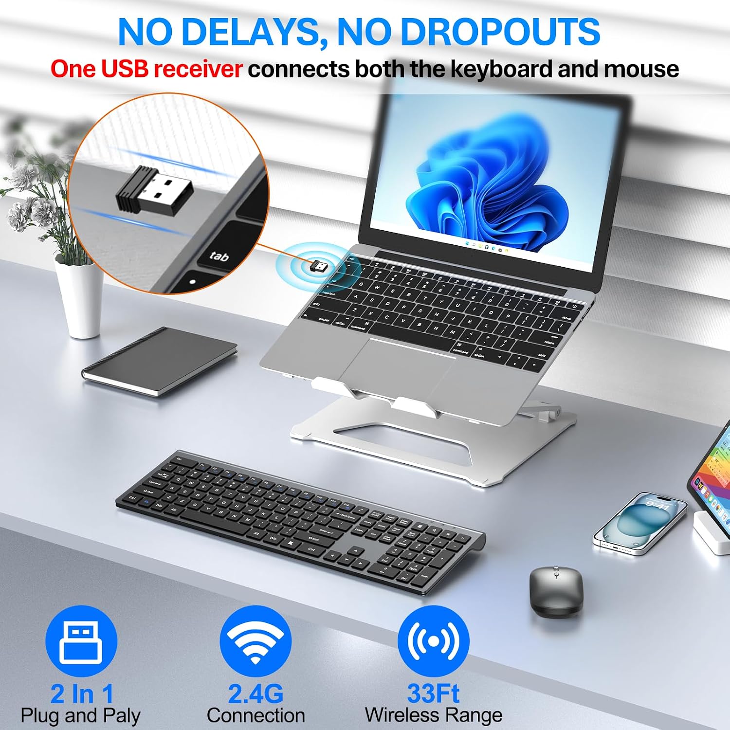 Wireless Keyboard and Mouse Combo, Ultra Slim Full Size Silent Keyboard and Adjustable 3-Level DPI Mouse,2.4GHz