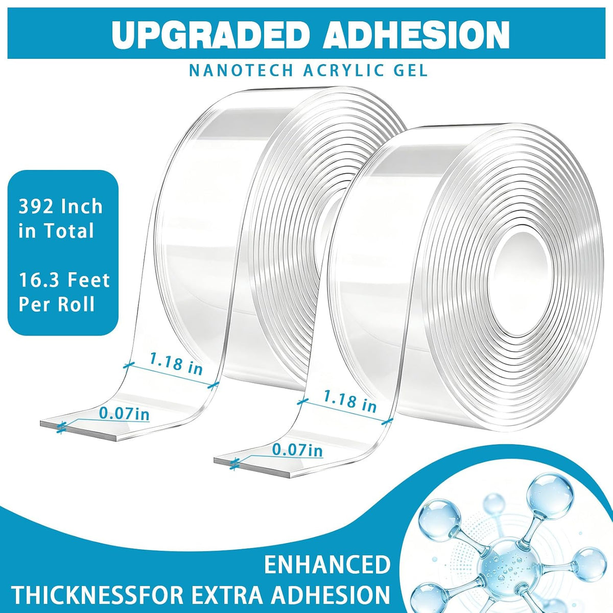 Double Sided Tape 2 Rolls, 32.8FT Clear Mounting Tape