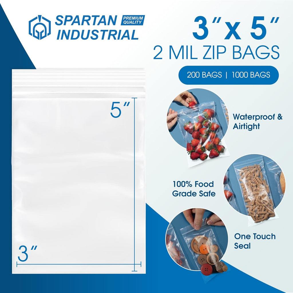 3” X 5” (1000 Count) 2 Mil Clear Reclosable Zip Plastic Poly Bags